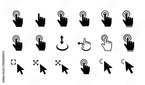 Hand cursor icon set with click tap swipe and gesture symbols flat black pointer vector icons