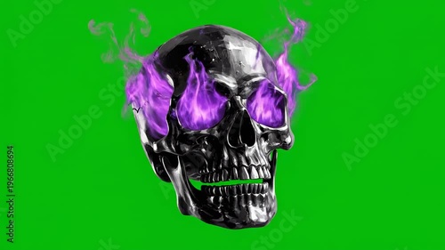 Chrome skull with purple fire eyes animation on green screen for special effects and halloween themed projects