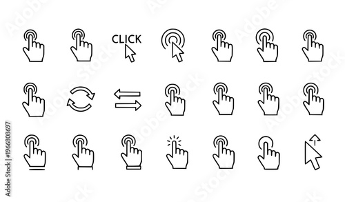 Hand cursor line icon collection with click and touch gesture symbols editable stroke UI vector