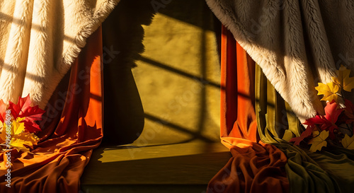 Autumnal window scene with fall foliage and draped fabrics