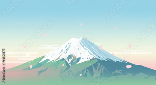 Minimalist Mount Fuji Illustration with Falling Cherry Blossoms