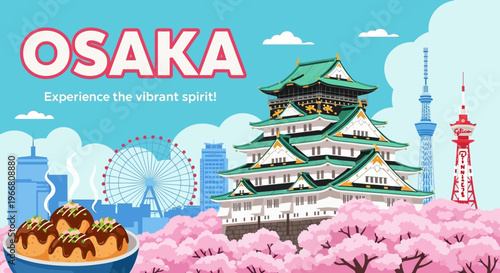 Osaka Japan Travel Illustration with Castle and Takoyaki