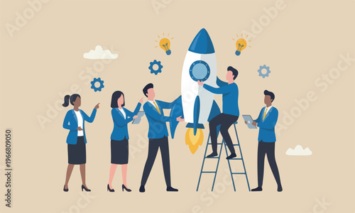 Build startup company, collaboration or cooperate to develop business innovation idea, teamwork and support concept, creative businessman and woman coworker support each other help building rocket