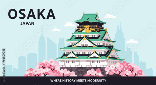 Osaka Castle Japan Landmark Illustration with Cherry Blossoms