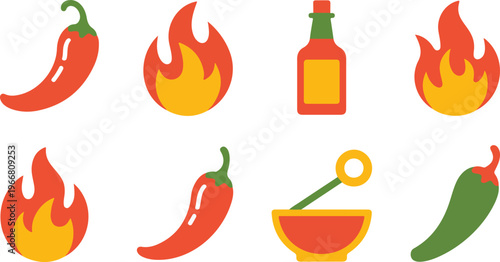 Flat vector collection of eight red chili pepper and hot sauce symbols with flame accents simple clean cooking and spice icons