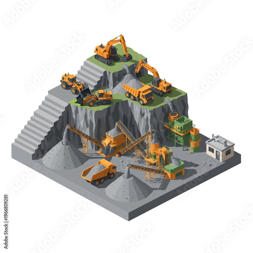Isometric illustration of a quarry operation with excavators, dump trucks, conveyor belts, and crushing machinery processing stone and gravel.