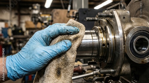 Hand in blue glove cleaning industrial machine with dirty rag in workshop