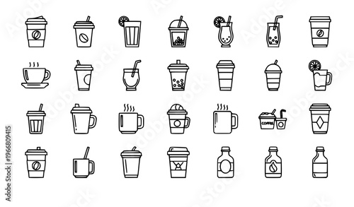 Beverage line icon set coffee juice cocktail smoothie bubble tea editable stroke vector isolated on white background