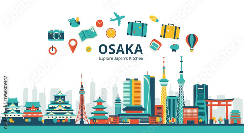 Osaka Japan City Skyline Illustration with Travel Icons