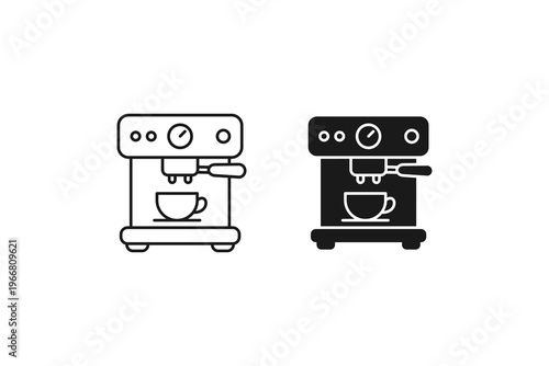 Professional Espresso Coffee Maker Machine Line and Silhouette Icons