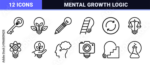 Cognitive Process and Creative Ideation Minimalist Monoline Icon Set Featuring Geometric Brain, Light Bulb, and Mind Logic Symbols