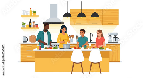 Family of four preparing food together in a modern kitchen with island and appliances