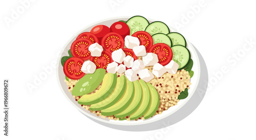 A vibrant salad bowl filled with quinoa avocado tomatoes cucumber and mozzarella cheese.
