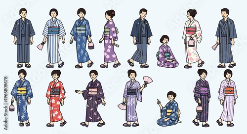 Set of Japanese People Wearing Traditional Yukata Summer Kimono Outfits