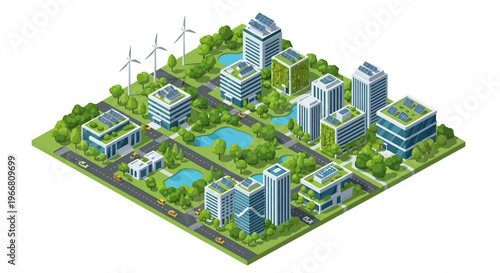 An eco-friendly cityscape with green buildings and wind turbines is shown in an isometric view.