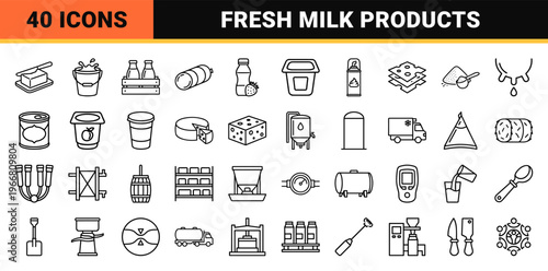 Dairy Products and Milk Industry minimalist Monoline Outline Symbols for Commercial Packaging and Digital Interface Design