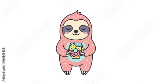 A cute cartoon sloth holds pizza and drink in cozy pink outfit standing alone.