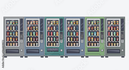 Set of Colorful Vending Machines with Snacks and Drinks