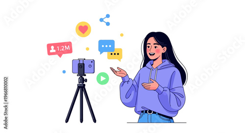 A woman records a video on her smartphone for social media with floating icons.