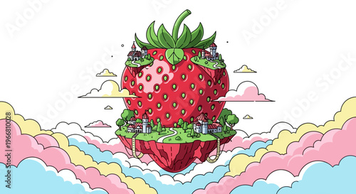 A vibrant illustration of a giant strawberry island floating in the air surrounded by colorful clouds.