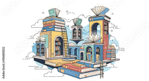 Illustration of a whimsical library with towers and books floating in the air