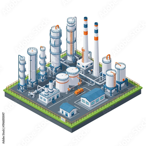 Isometric illustration of a complex industrial oil refinery plant with distillation towers, storage tanks, and pipelines.