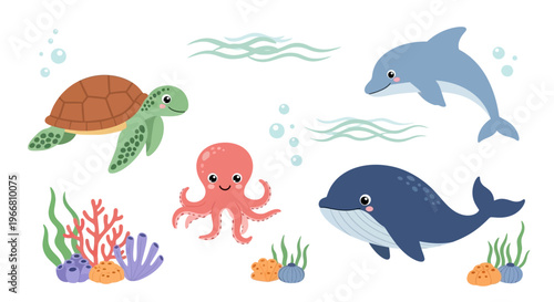Cartoon sea creatures swim in ocean with coral reef and seaweed underwater scene.