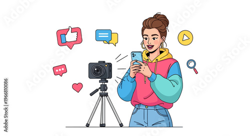 A young woman records a video with her smartphone and camera on a tripod.