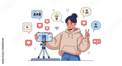 A woman records a video on her smartphone for social media with various icons around her.