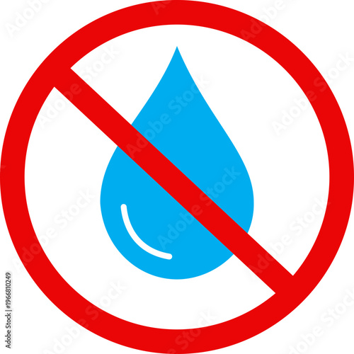 Red prohibition sign with blue water drop icon representing water conservation, stop wasting water symbol. No liquid allowed sign isolated on transparent background vector graphic.