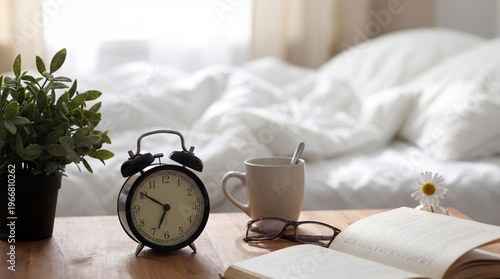 Cozy morning scene with an alarm clock, coffee, book, and eyeglasses on a wooden nightstand beside an unmade bed.