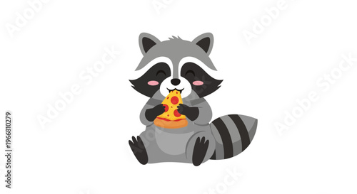 A cartoon raccoon happily eats a slice of pizza indoors.