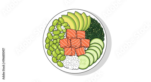 A plate of sushi with salmon avocado edamame cucumber and seaweed on a white background