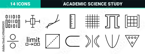 Advanced Mathematics and Geometry Line Icons for Education and Technical Design. Minimalist monoline vector art for scientific diagrams.