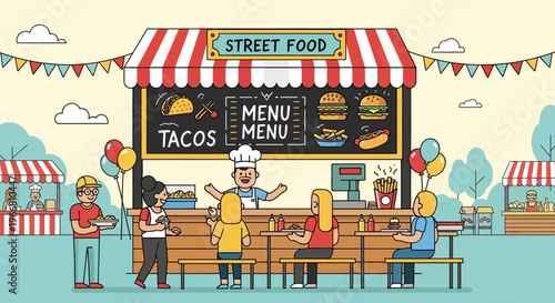 Street Food Stall with Chef and Customers in Flat Vector Illustration