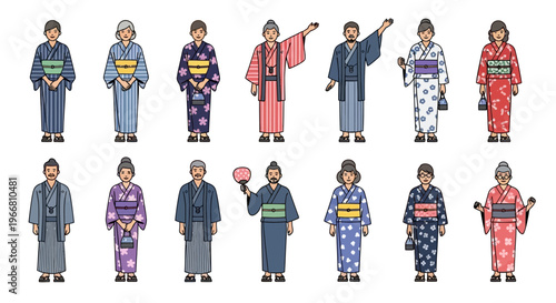 Set of Japanese People in Traditional Yukata Kimono Outfits