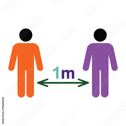 Social distancing concept showing two people figures maintaining one meter distance apart illustration.