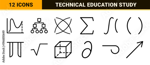 Advanced Mathematics and Calculus Technical Monoline Icon Set featuring Geometric Theory and Data Visualization Elements in Minimalist Style