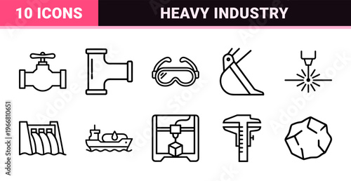 Industrial Manufacturing and Engineering Line Icons. Minimalist monoline geometric art for technical documentation and software design.