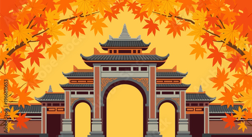 Traditional Asian Temple Gate with Autumn Maple Leaves