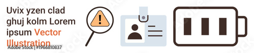 Identity verification, security alerts, digital protection, authentication processes, power management, resource monitoring. Key icons ID badge, alert symbol and battery. Identity verification