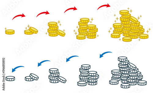 貯蓄や投資の増減イメージ・コインと矢印のインフォグラフィック素材 / Coin stacks with arrows showing increase and decrease