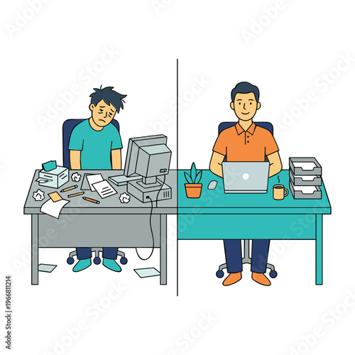 Two office workers sitting at separate desks with computers and cluttered workspace
