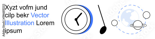 Time management, space exploration, futuristic design, science , education, abstract communication. Clock and planetary graphics with text elements. Time management and space exploration concept