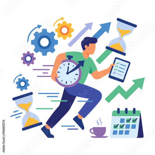 Man rushing with clock and documents in office setting with calendar