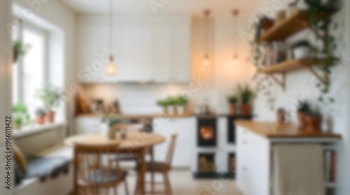 Bright Modern Kitchen with Wooden Furniture and Greenery