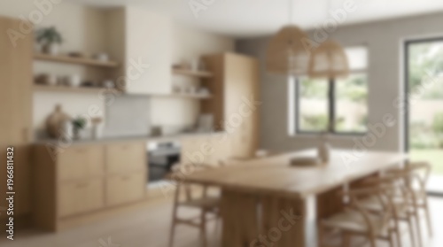Bright Modern Kitchen With Wooden Table And Dining Chairs