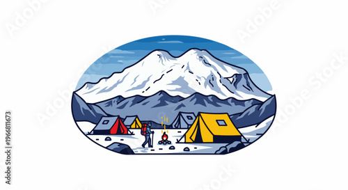 Mountain camp with tents, campfire, and lone hiker under snowy peaks