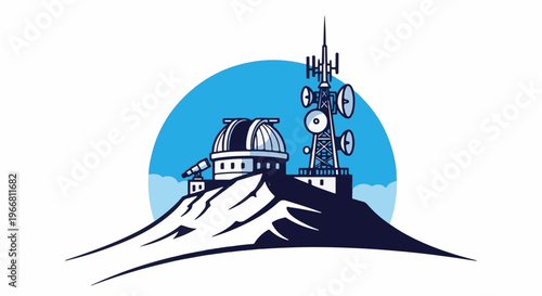 Mountain summit with observatory, telescope, and radio tower under blue sky