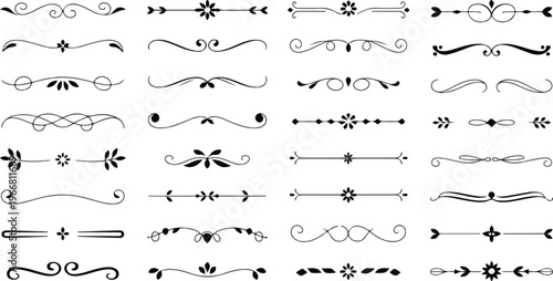 Minimalist hand-drawn line art dividers and embellishments featuring floral, leaf, and curved motifs elegant black ink style vector illustration